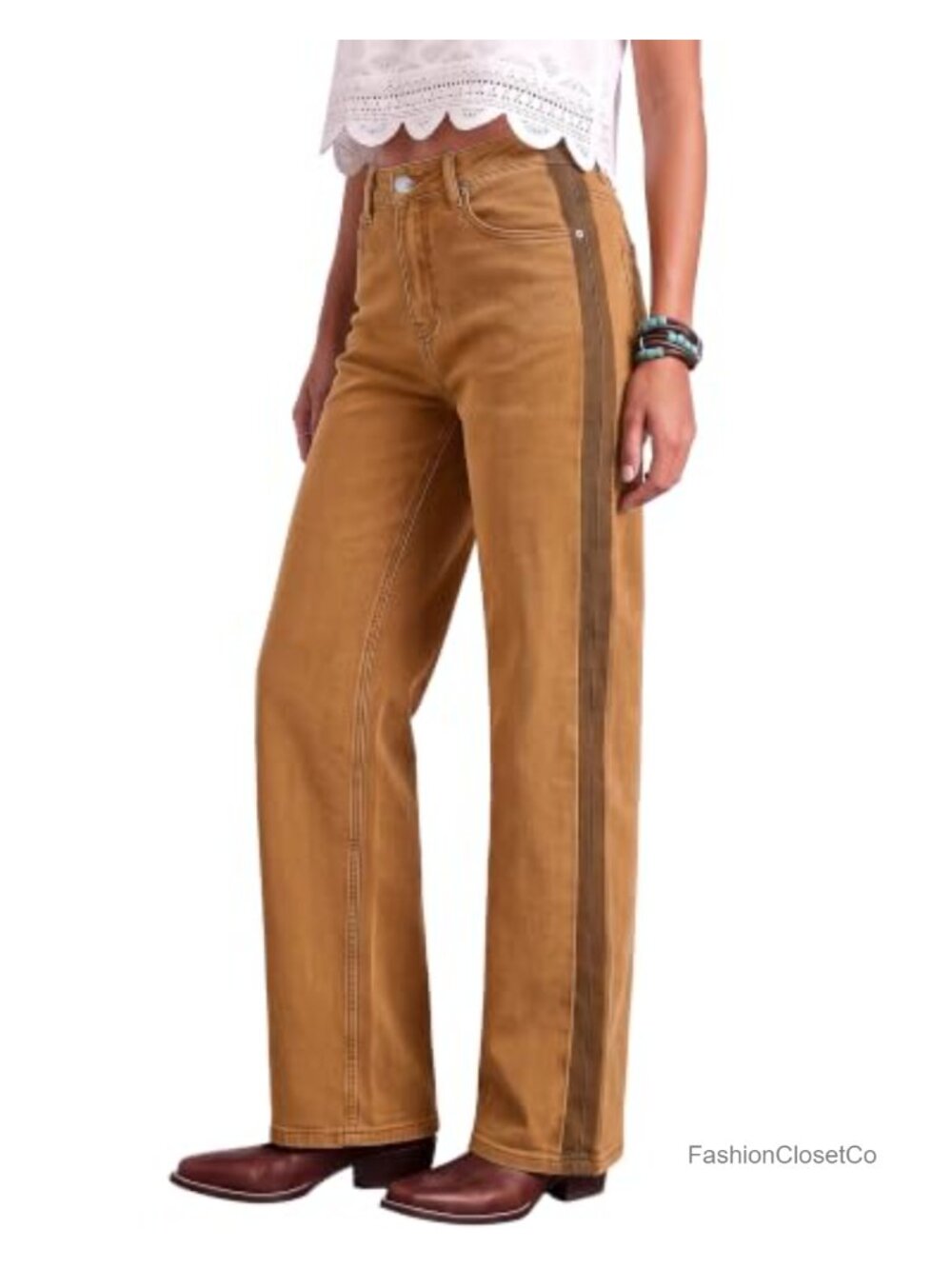 High Waisted Straight Leg Jeans Tuxedo Stripe Stretch Denim Pants